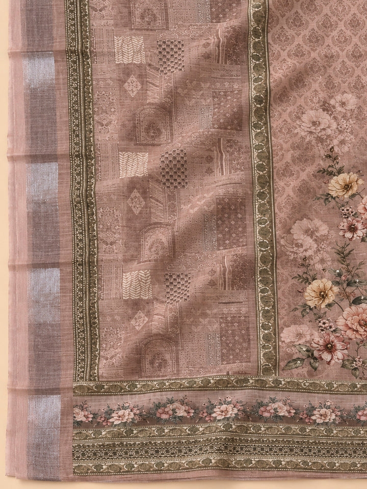Peach Linen Blend Printed Unstitched Dress Material