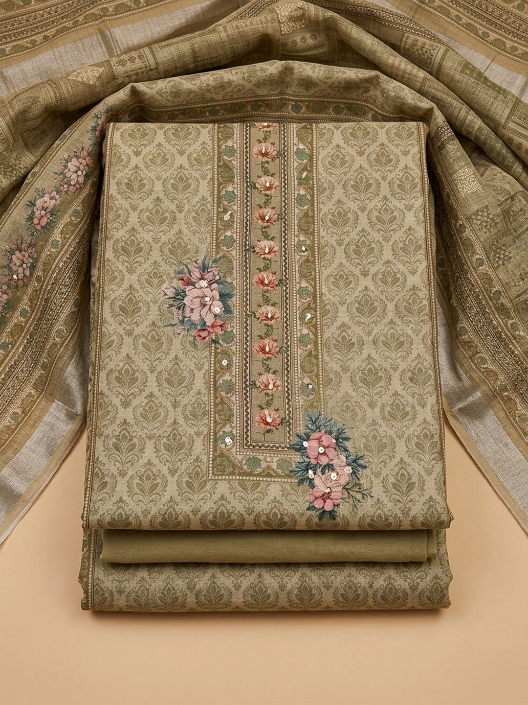 Pista Green Linen Blend Printed Unstitched Dress Material