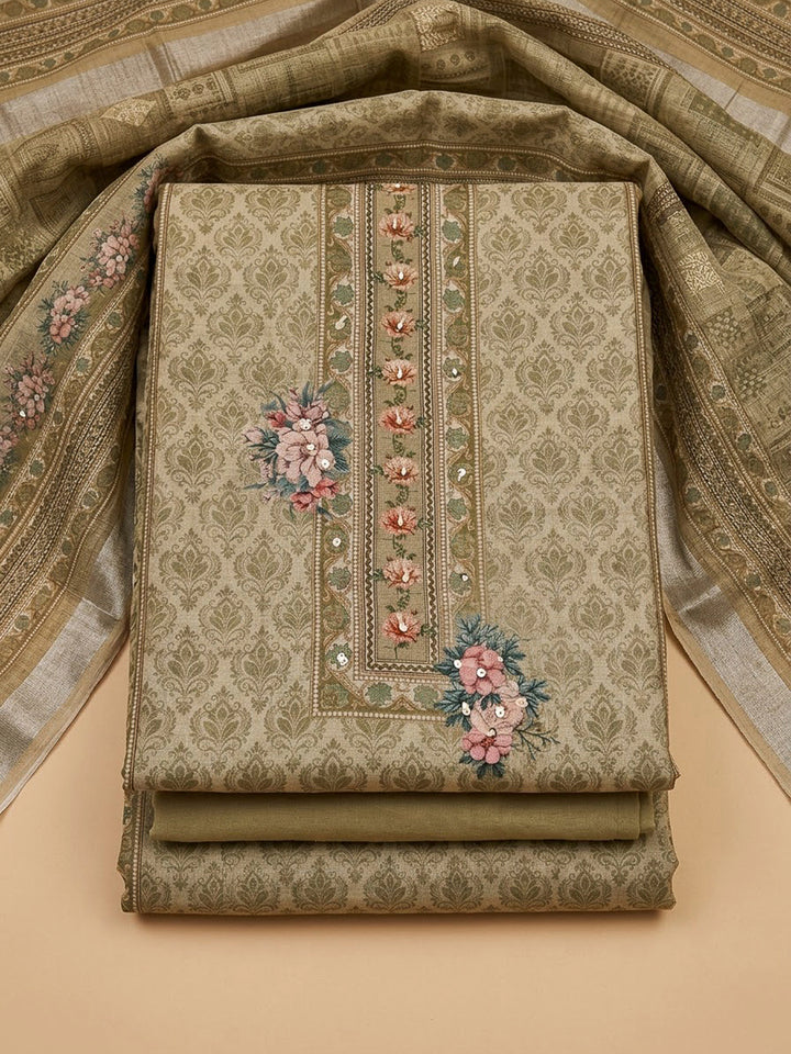 Pista Green Linen Blend Printed Unstitched Dress Material