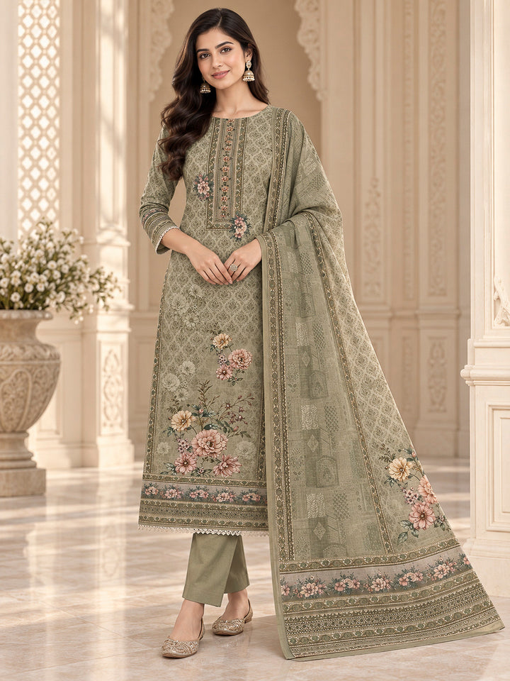 Pista Green Linen Blend Printed Unstitched Dress Material