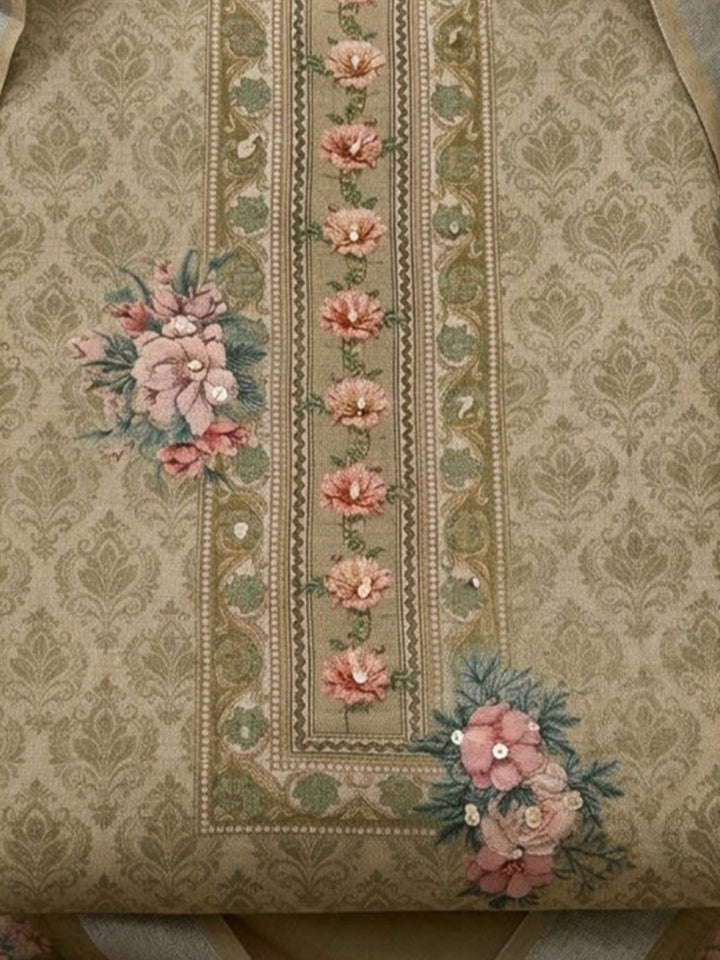 Pista Green Linen Blend Printed Unstitched Dress Material