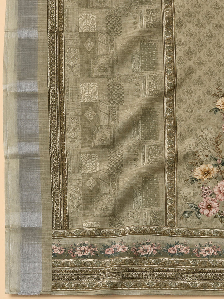 Pista Green Linen Blend Printed Unstitched Dress Material