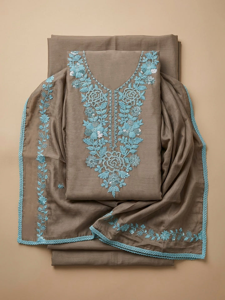 Brown Chanderi Embroidered Unstitched Dress Material