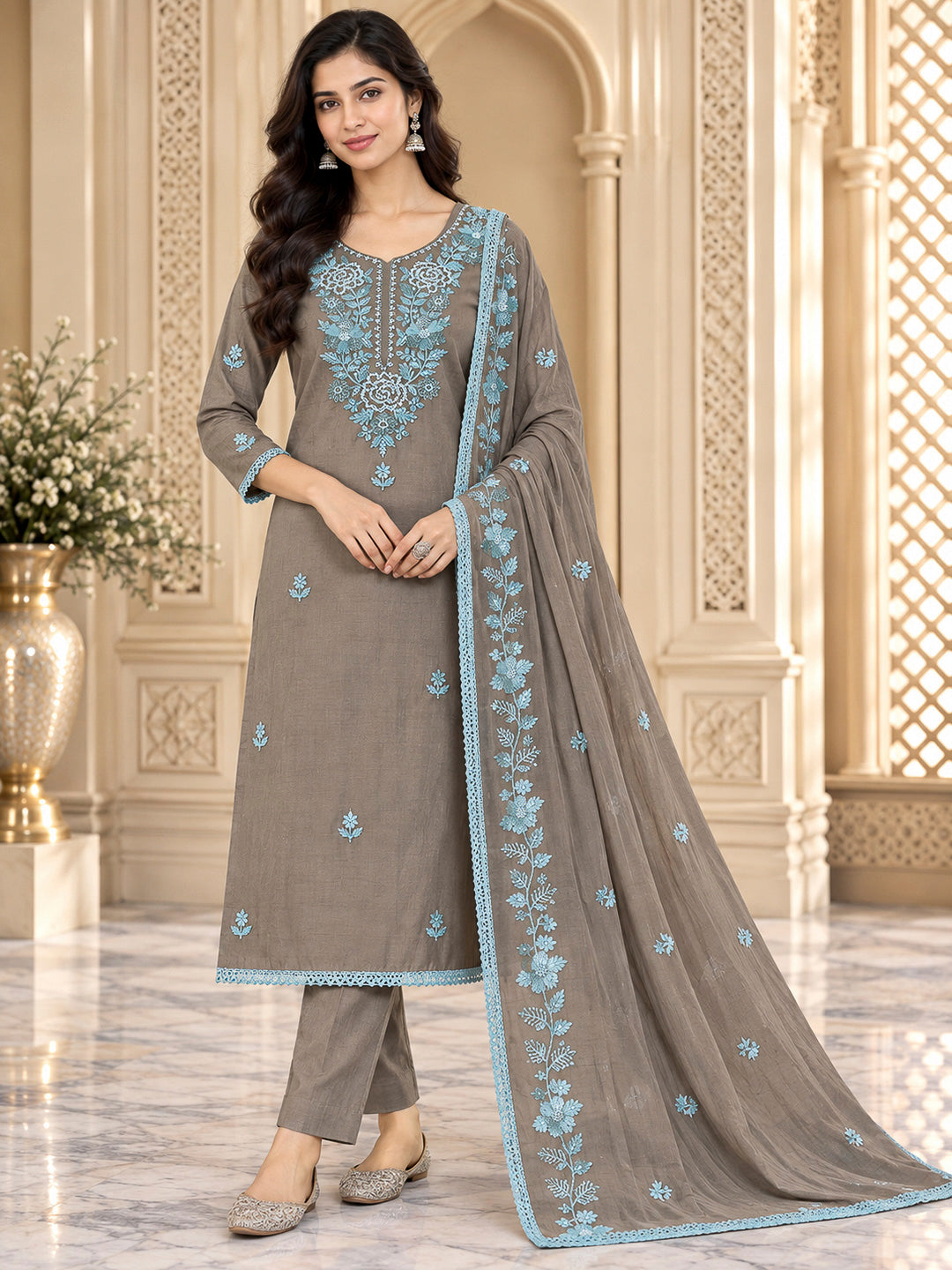 Brown Chanderi Embroidered Unstitched Dress Material