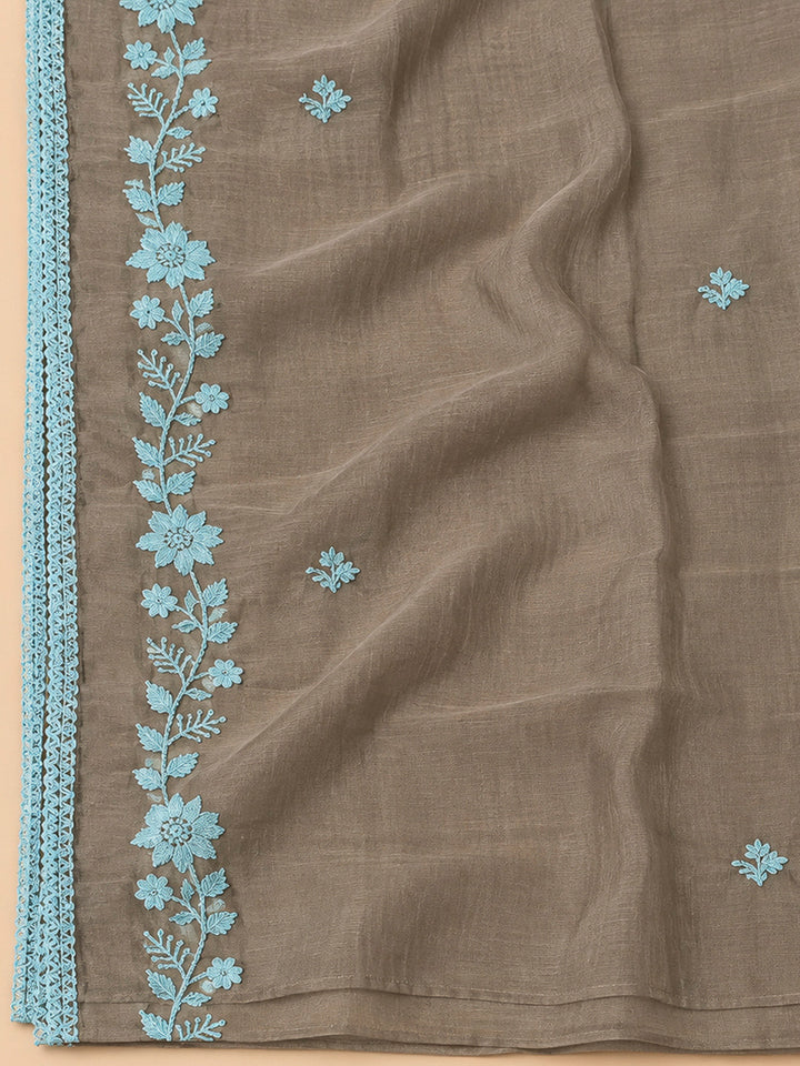 Brown Chanderi Embroidered Unstitched Dress Material