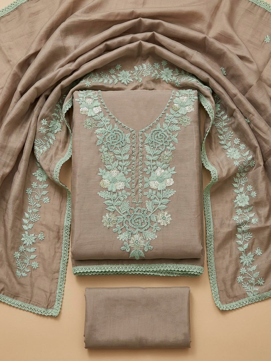 Brown Chanderi Embroidered Unstitched Dress Material