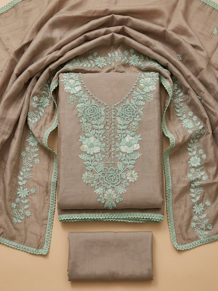 Brown Chanderi Embroidered Unstitched Dress Material