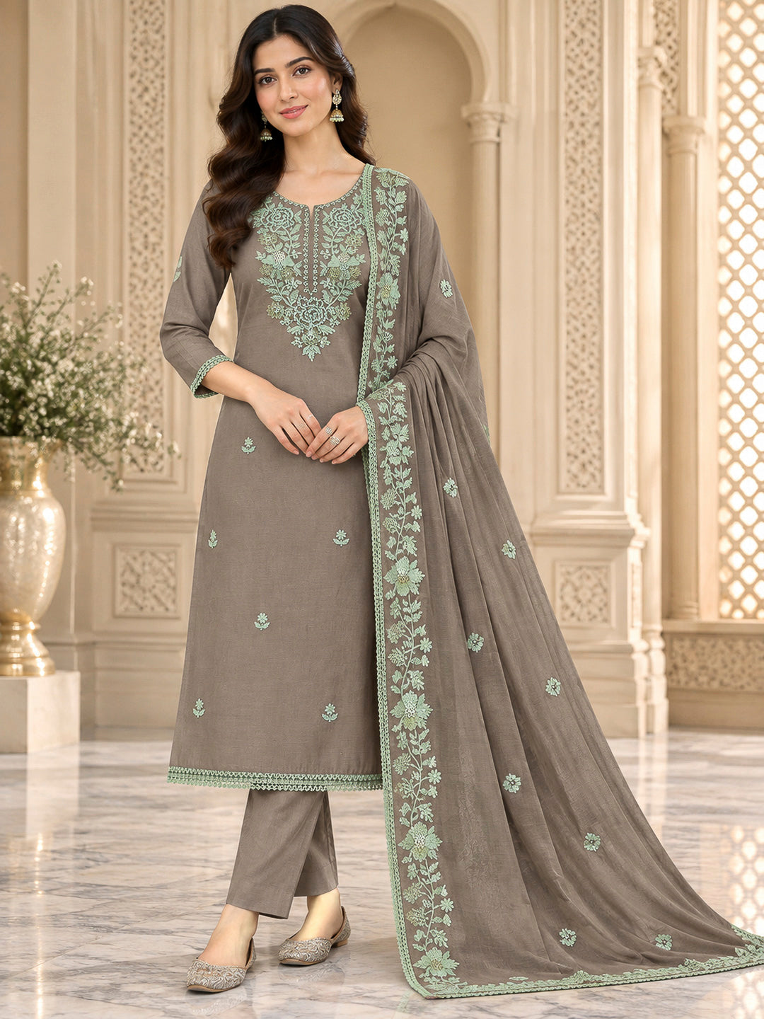Brown Chanderi Embroidered Unstitched Dress Material