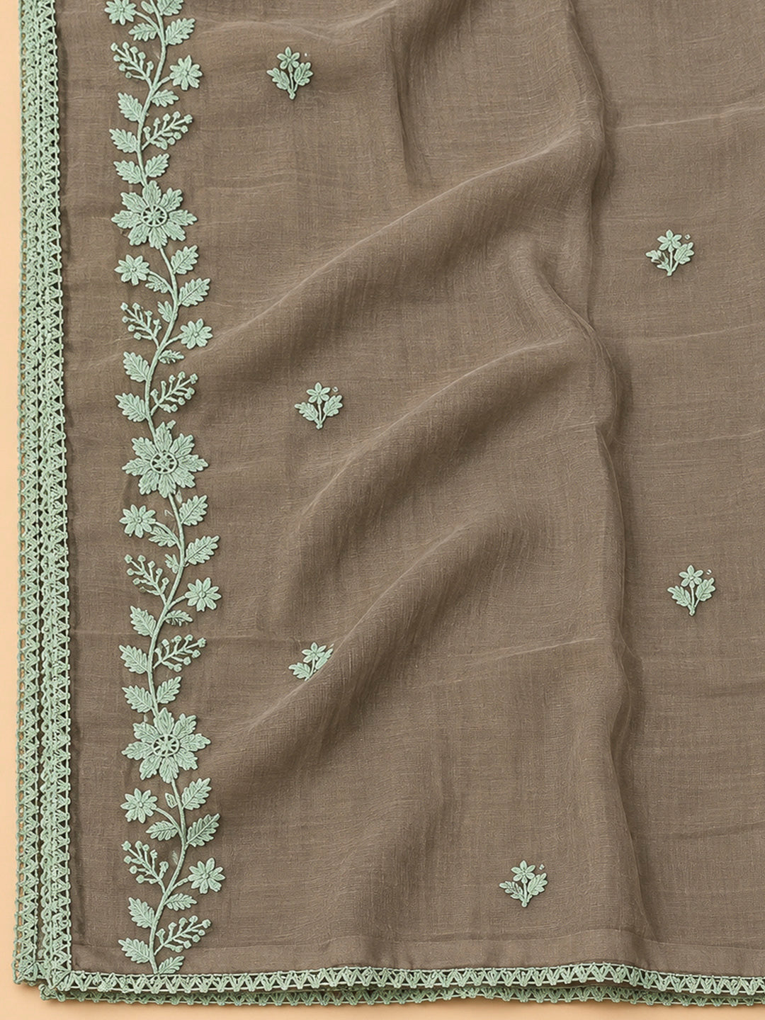 Brown Chanderi Embroidered Unstitched Dress Material