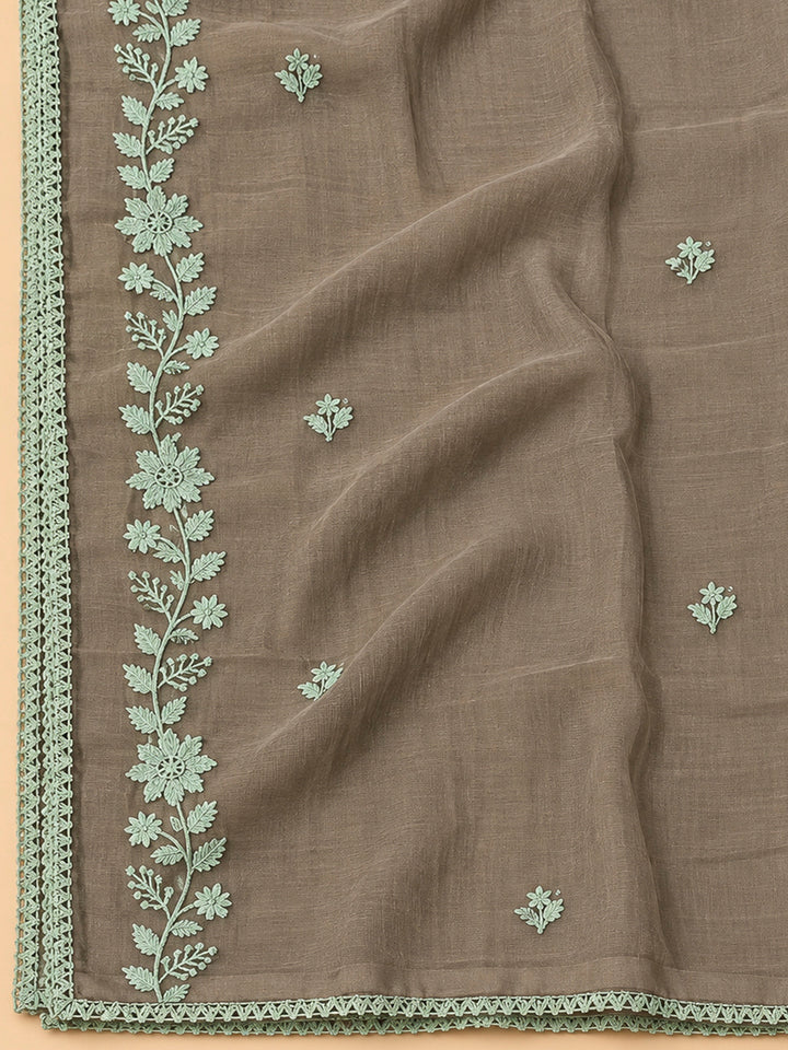Brown Chanderi Embroidered Unstitched Dress Material