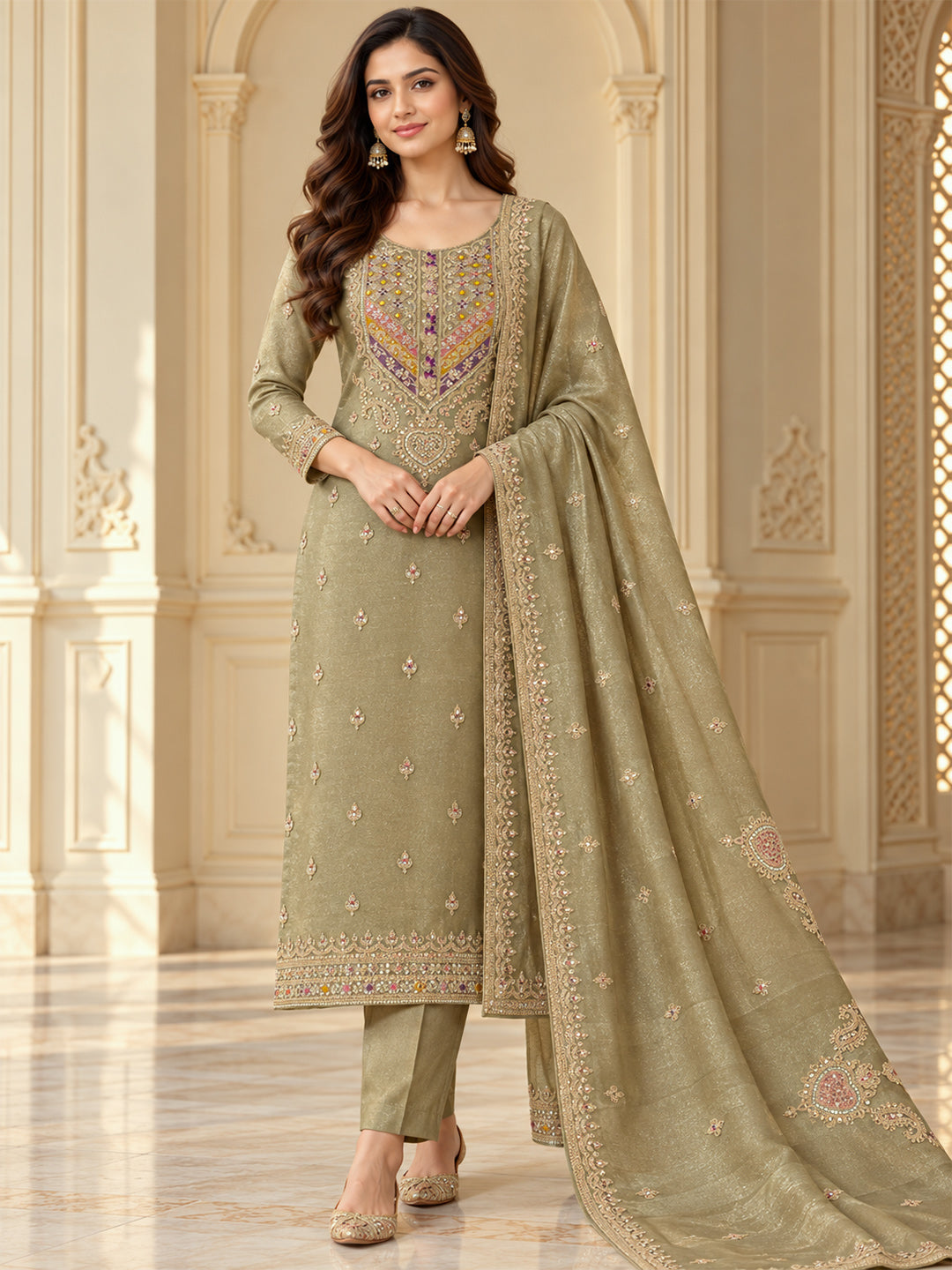 Beige Organza Embroidered Unstitched Dress Material