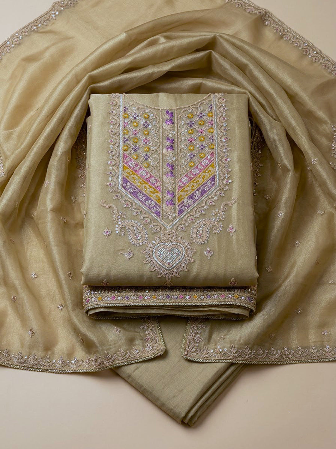 Beige Organza Embroidered Unstitched Dress Material