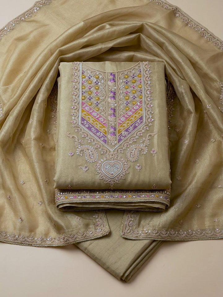 Beige Organza Embroidered Unstitched Dress Material