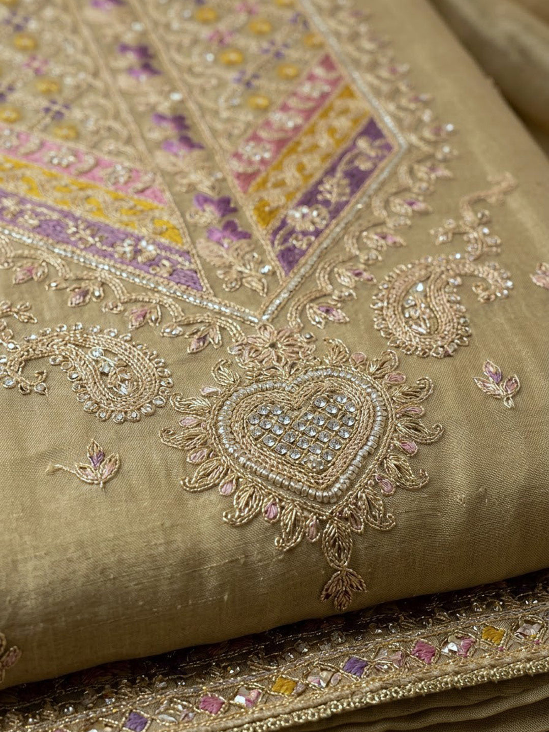 Beige Organza Embroidered Unstitched Dress Material