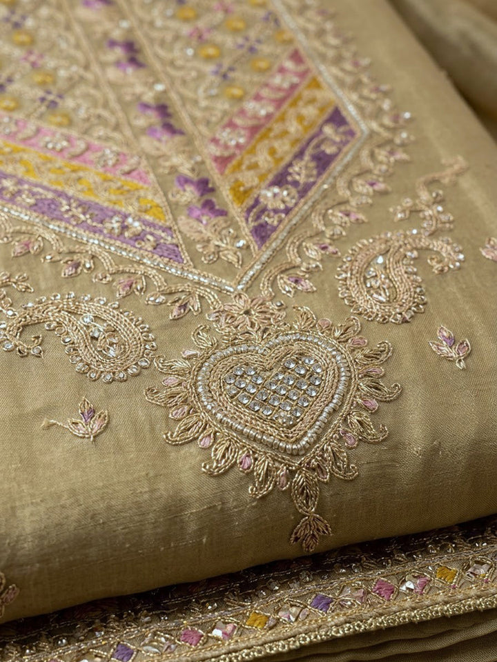 Beige Organza Embroidered Unstitched Dress Material