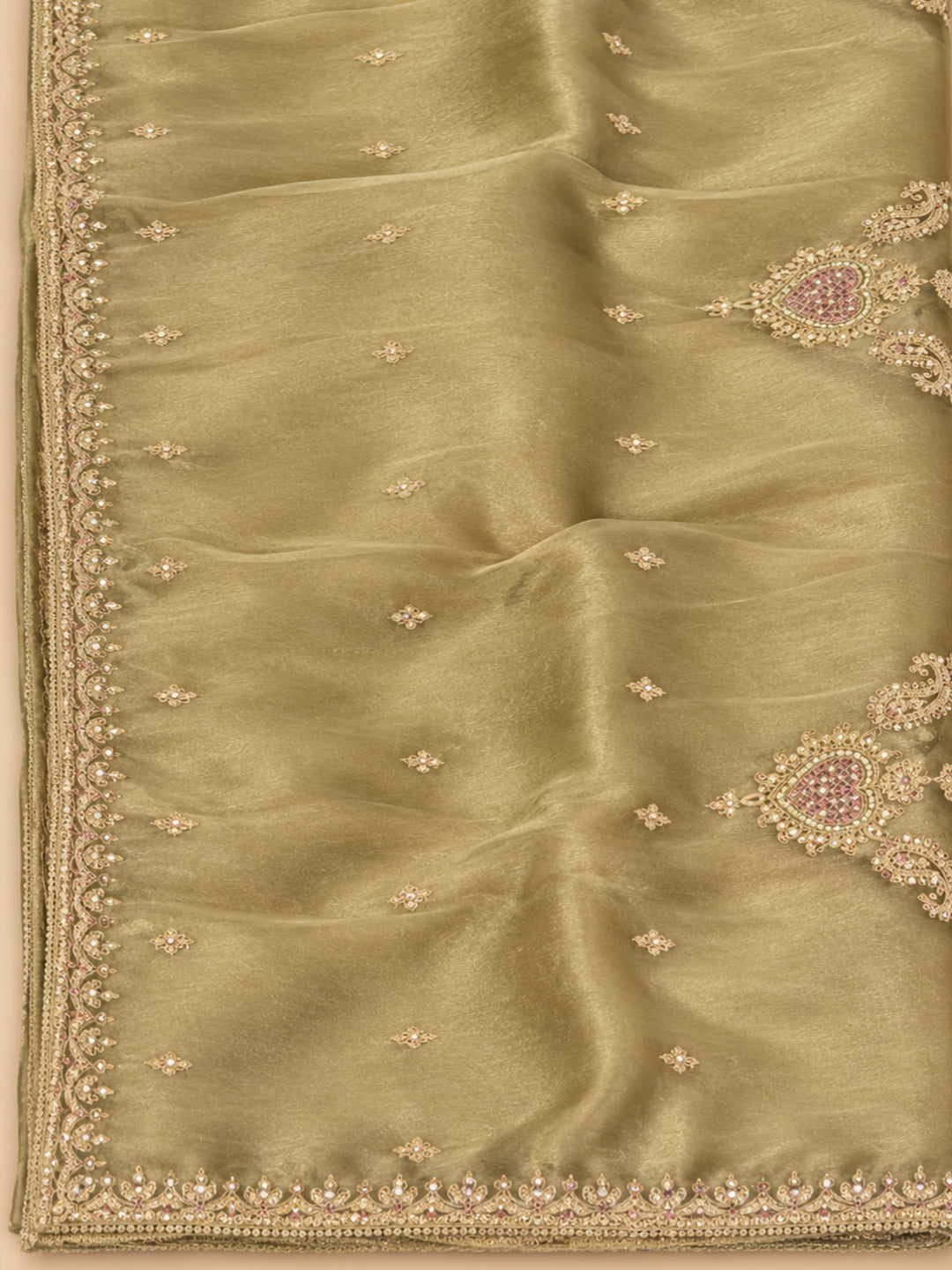 Beige Organza Embroidered Unstitched Dress Material