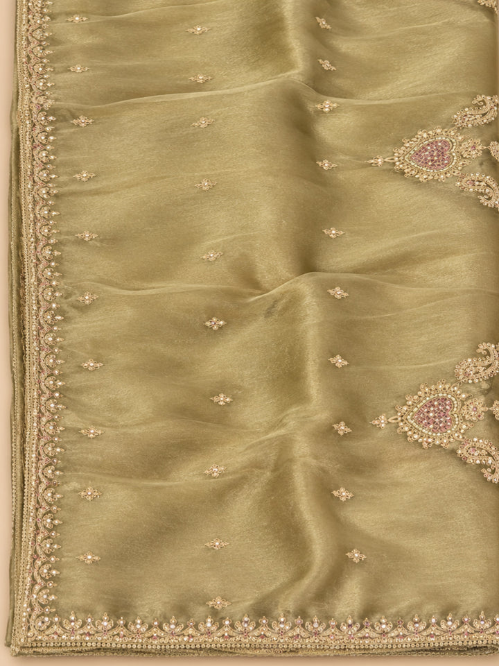 Beige Organza Embroidered Unstitched Dress Material