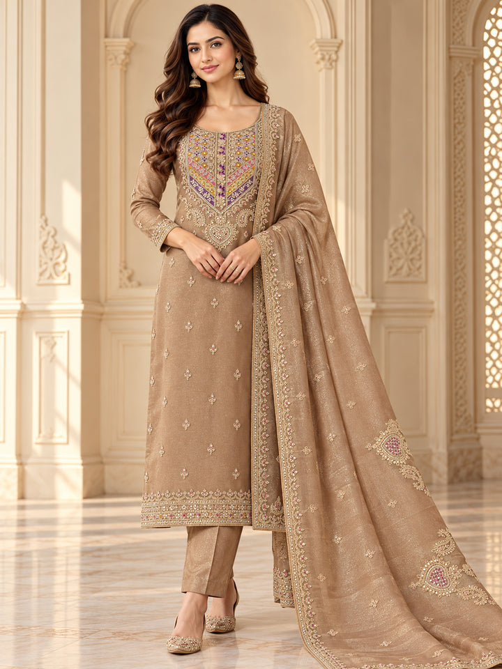 Peach Organza Embroidered Unstitched Dress Material