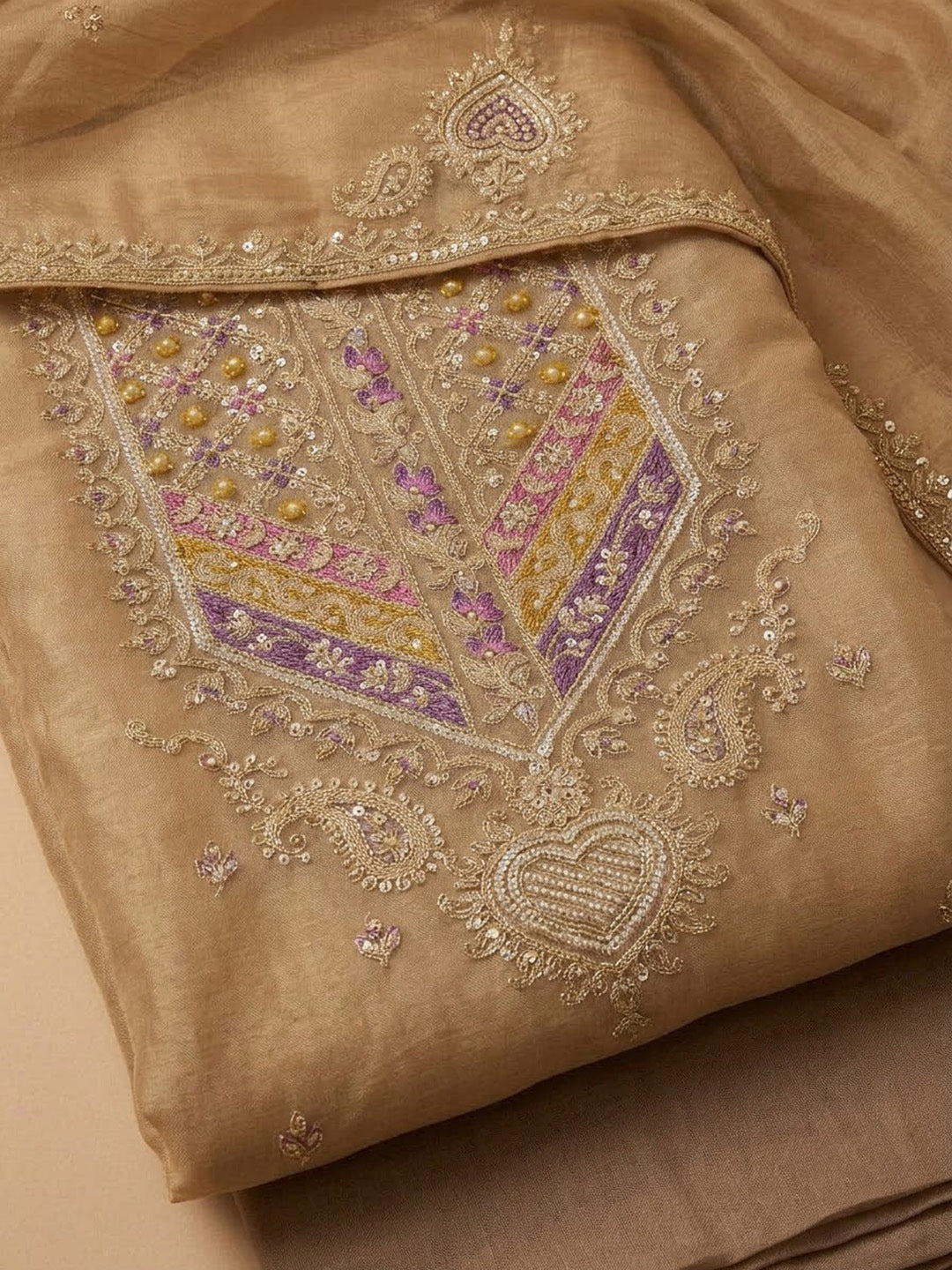 Peach Organza Embroidered Unstitched Dress Material
