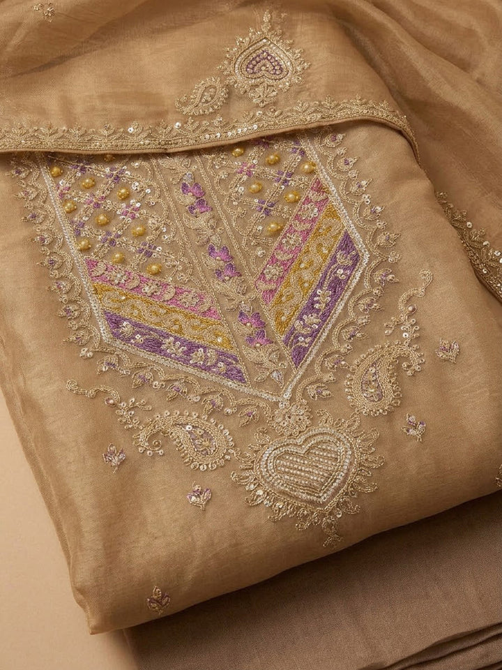 Peach Organza Embroidered Unstitched Dress Material