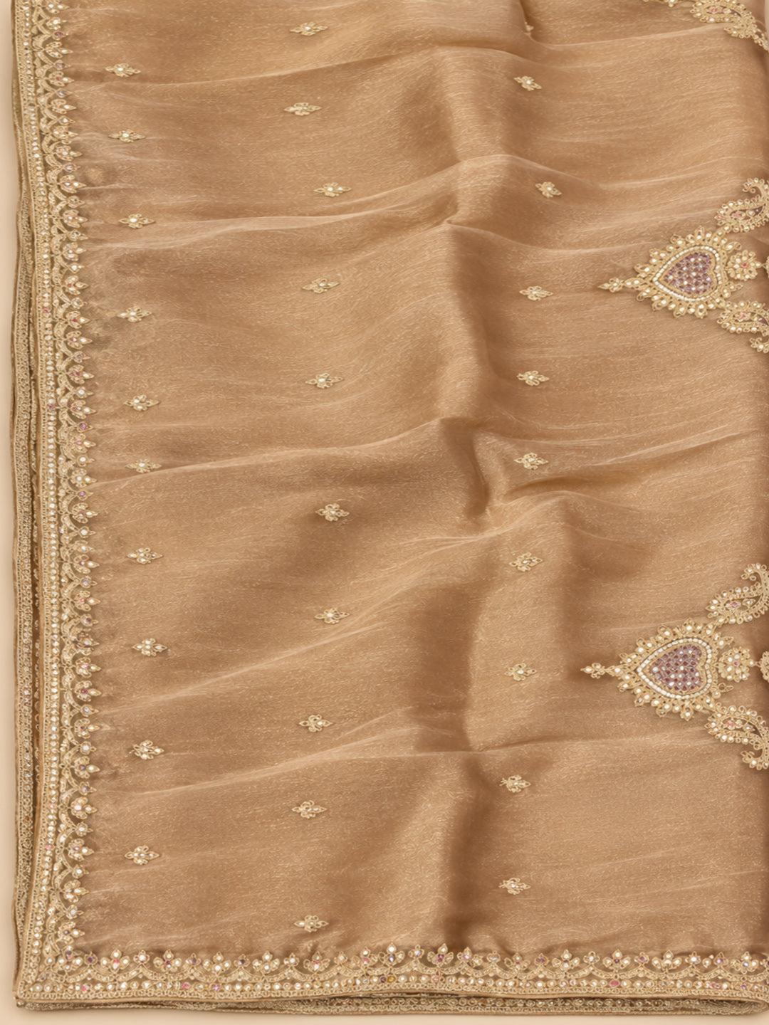 Peach Organza Embroidered Unstitched Dress Material
