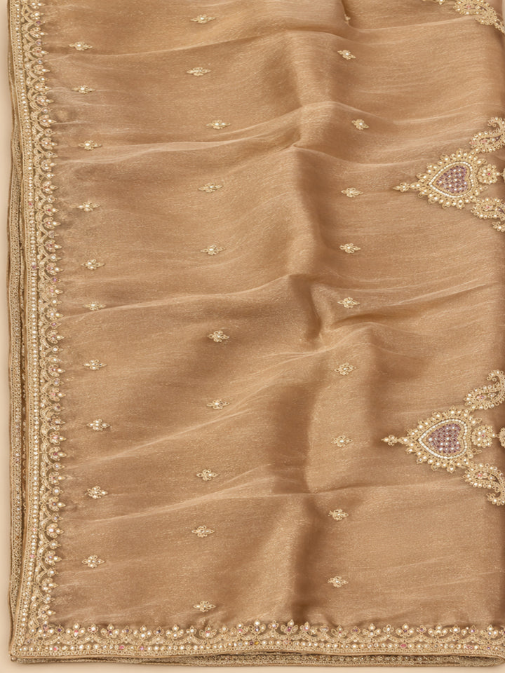 Peach Organza Embroidered Unstitched Dress Material