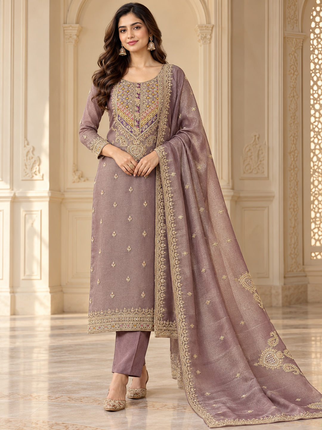 Purple Organza Embroidered Unstitched Dress Material
