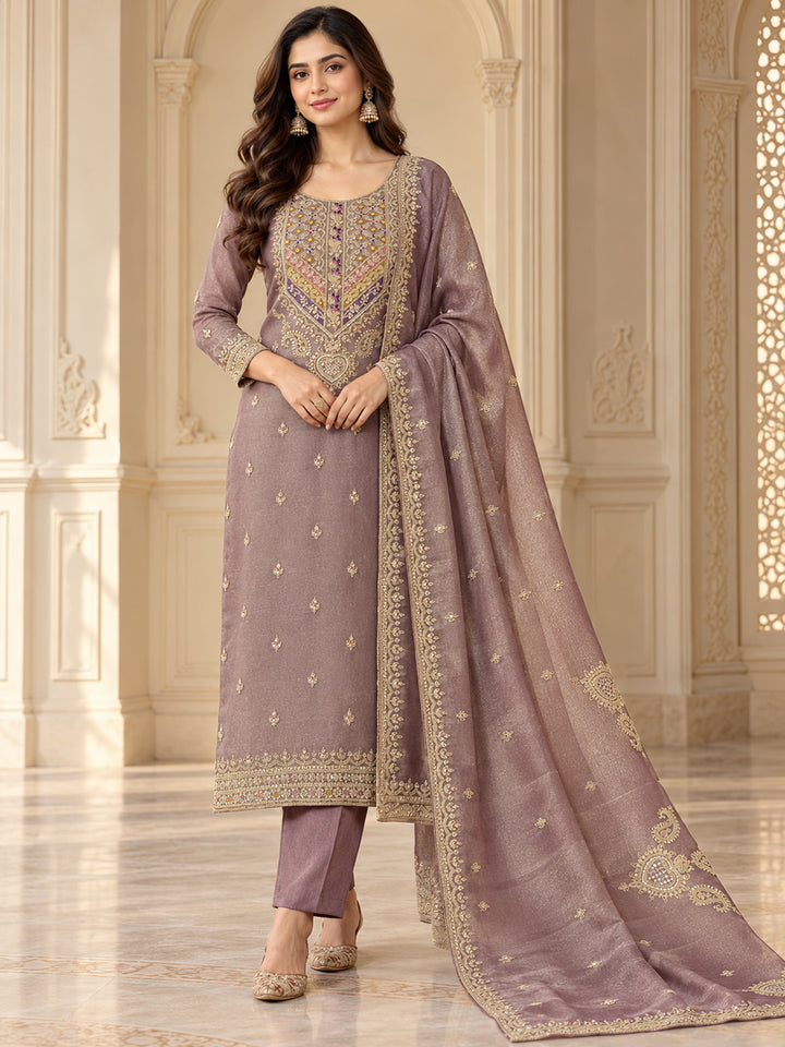 Purple Organza Embroidered Unstitched Dress Material