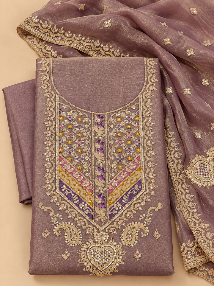Purple Organza Embroidered Unstitched Dress Material