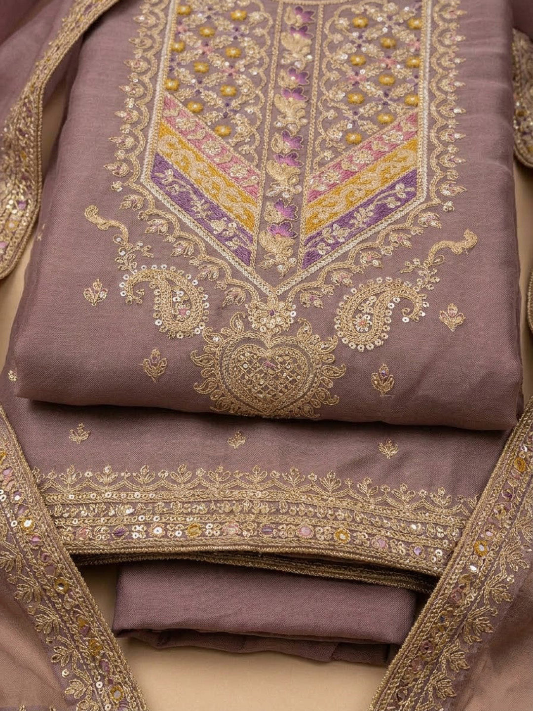 Purple Organza Embroidered Unstitched Dress Material