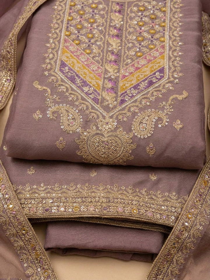 Purple Organza Embroidered Unstitched Dress Material