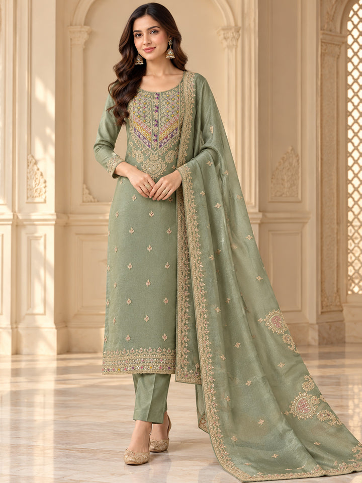 Sea-Green Organza Embroidered Unstitched Dress Material