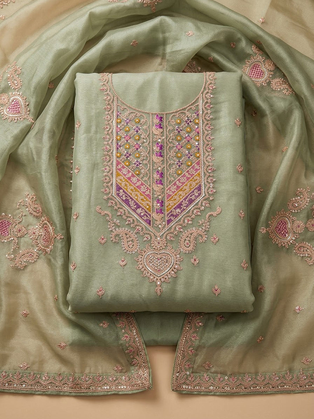 Sea-Green Organza Embroidered Unstitched Dress Material