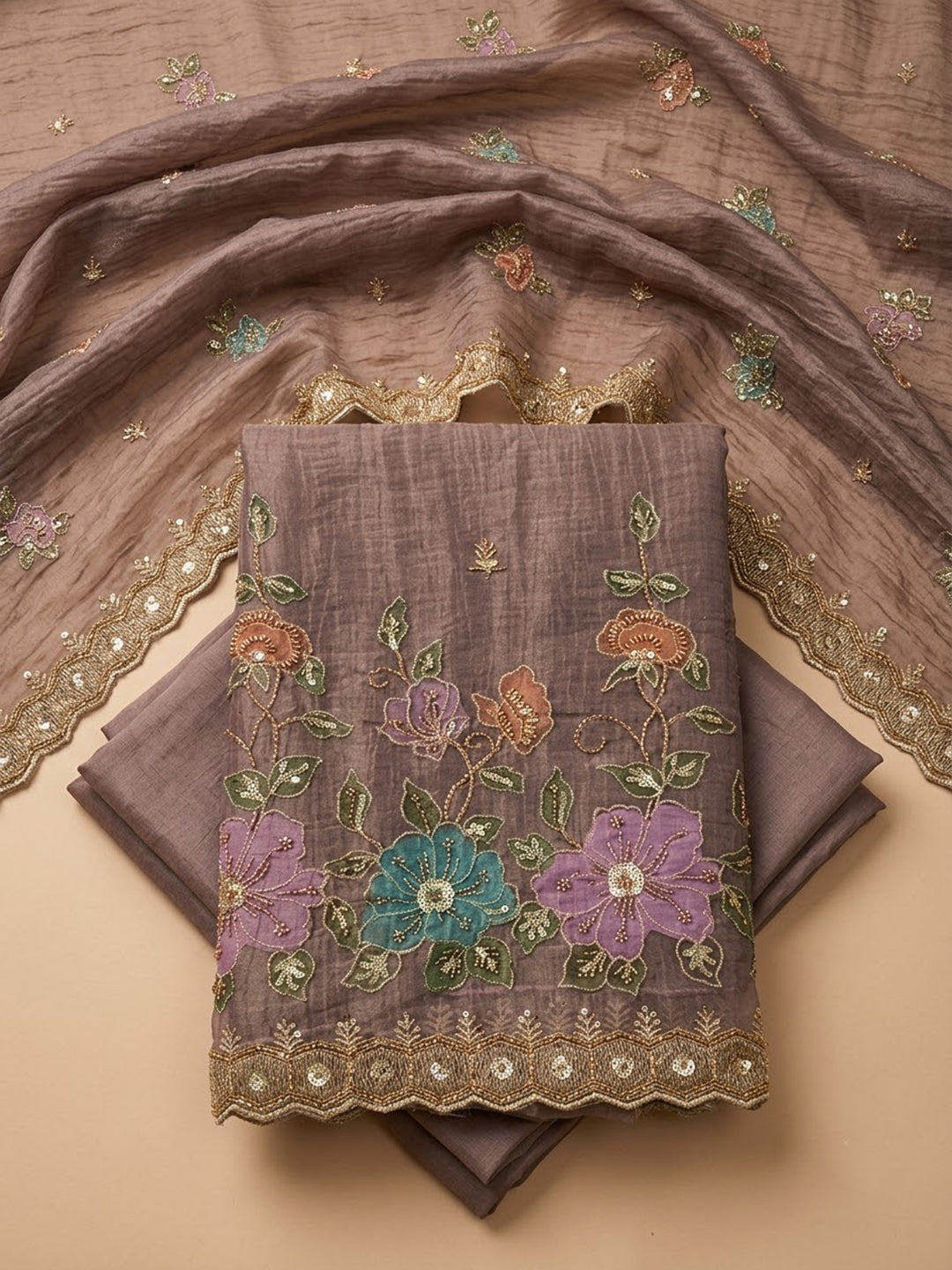 Brown Organza Embroidered Unstitched Dress Material