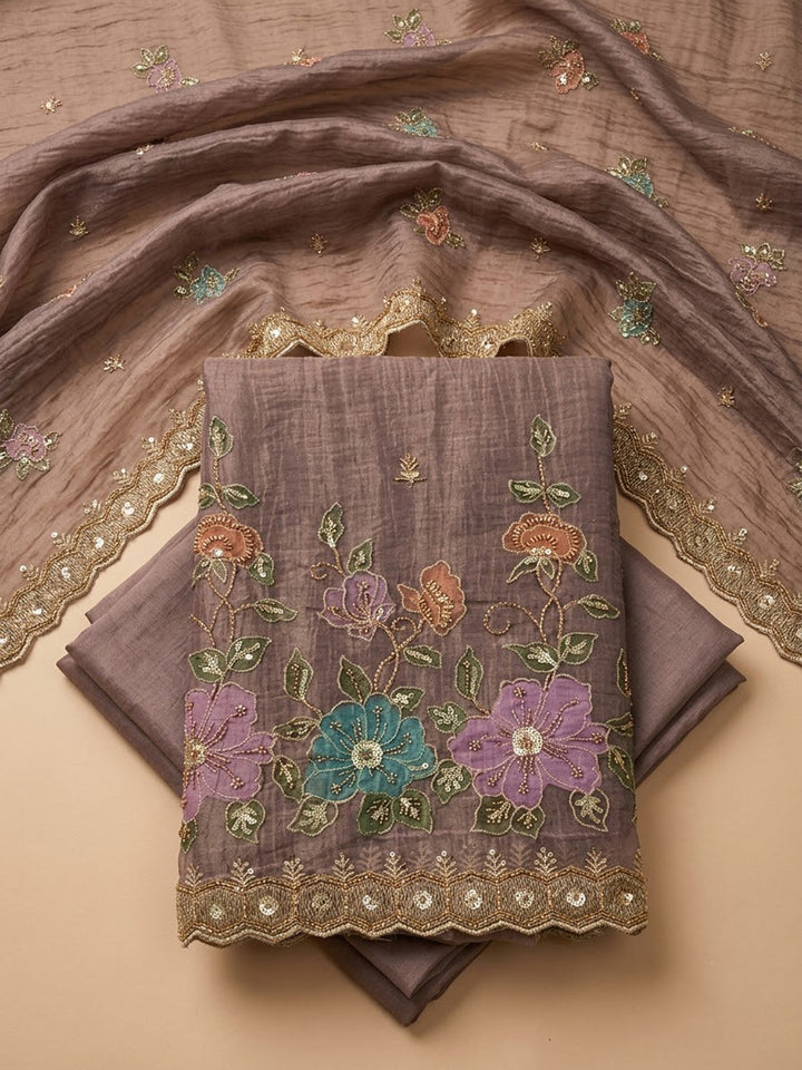 Brown Organza Embroidered Unstitched Dress Material