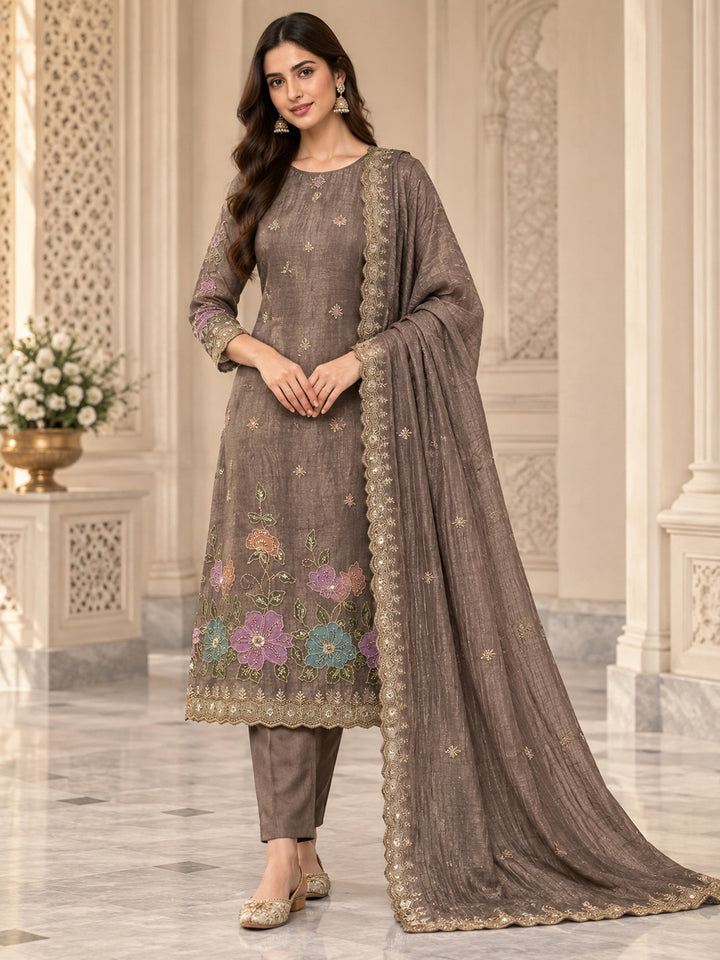 Brown Organza Embroidered Unstitched Dress Material
