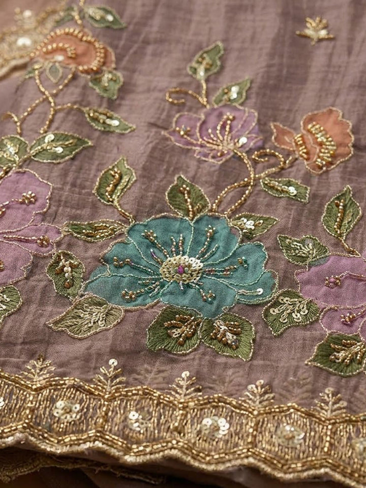 Brown Organza Embroidered Unstitched Dress Material