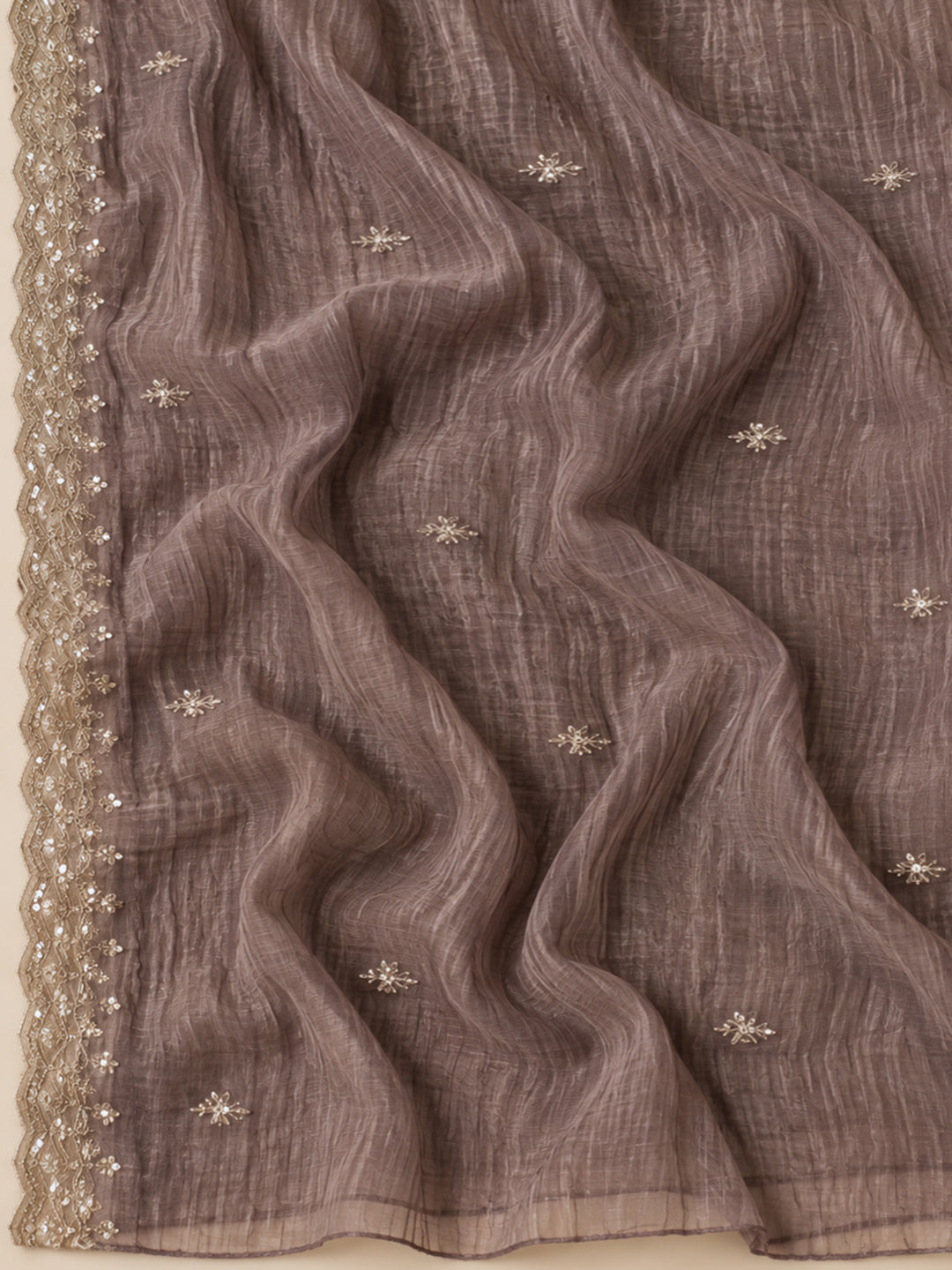 Brown Organza Embroidered Unstitched Dress Material
