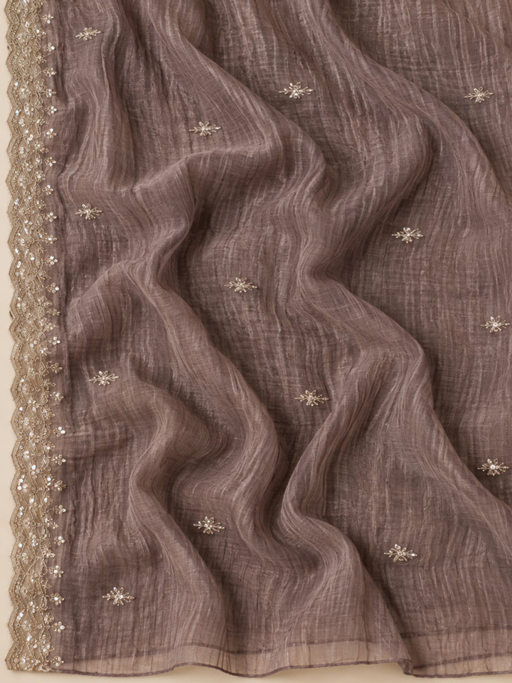 Brown Organza Embroidered Unstitched Dress Material
