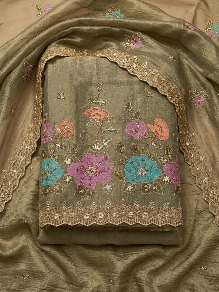 Mehndi Organza Embroidered Unstitched Dress Material
