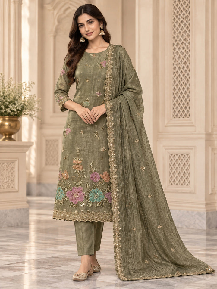 Mehndi Organza Embroidered Unstitched Dress Material