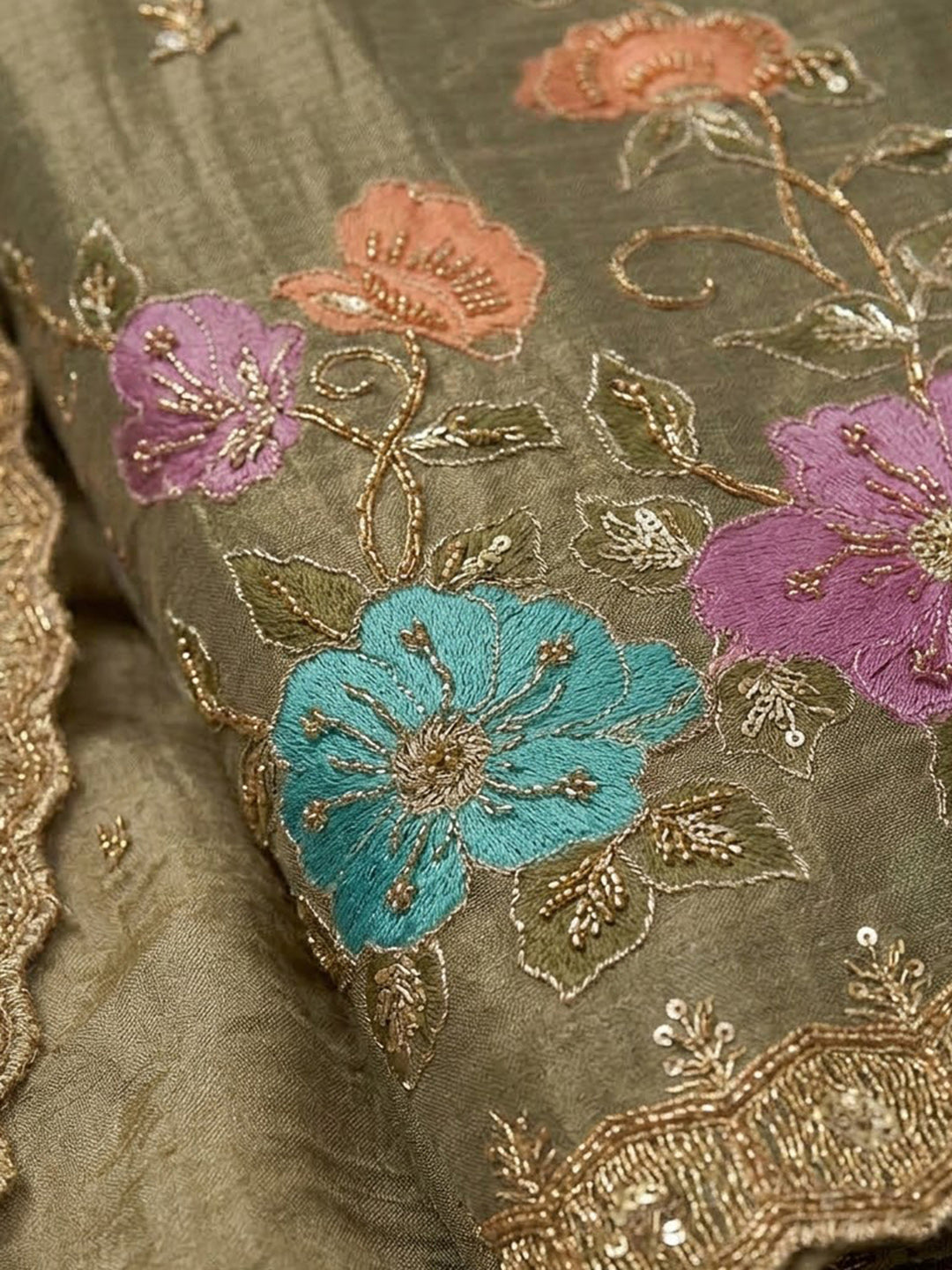Mehndi Organza Embroidered Unstitched Dress Material