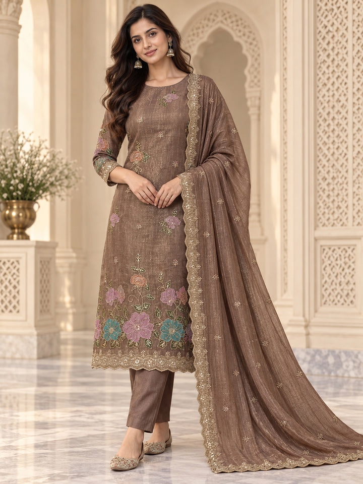 Peach Organza Embroidered Unstitched Dress Material