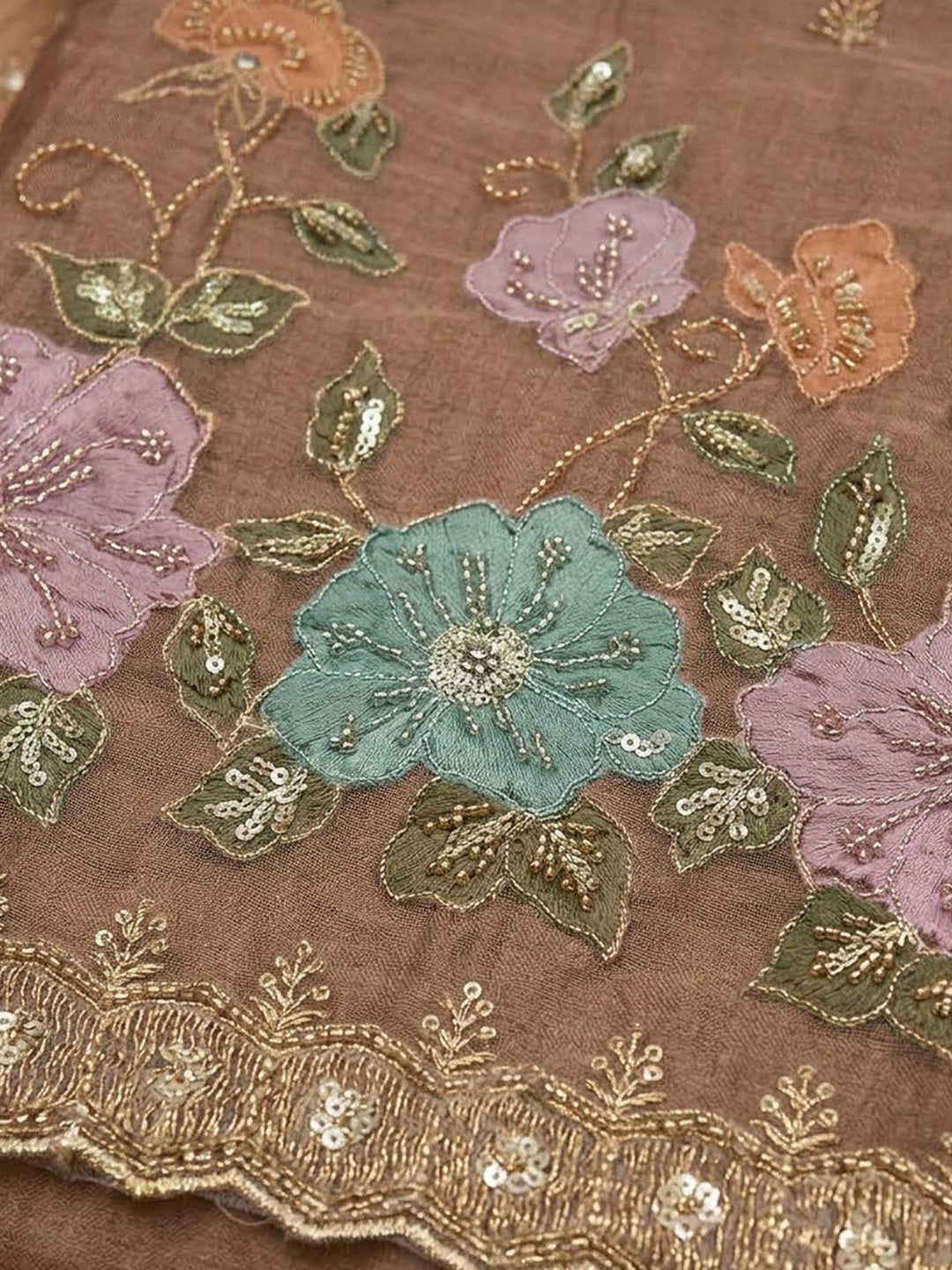 Peach Organza Embroidered Unstitched Dress Material