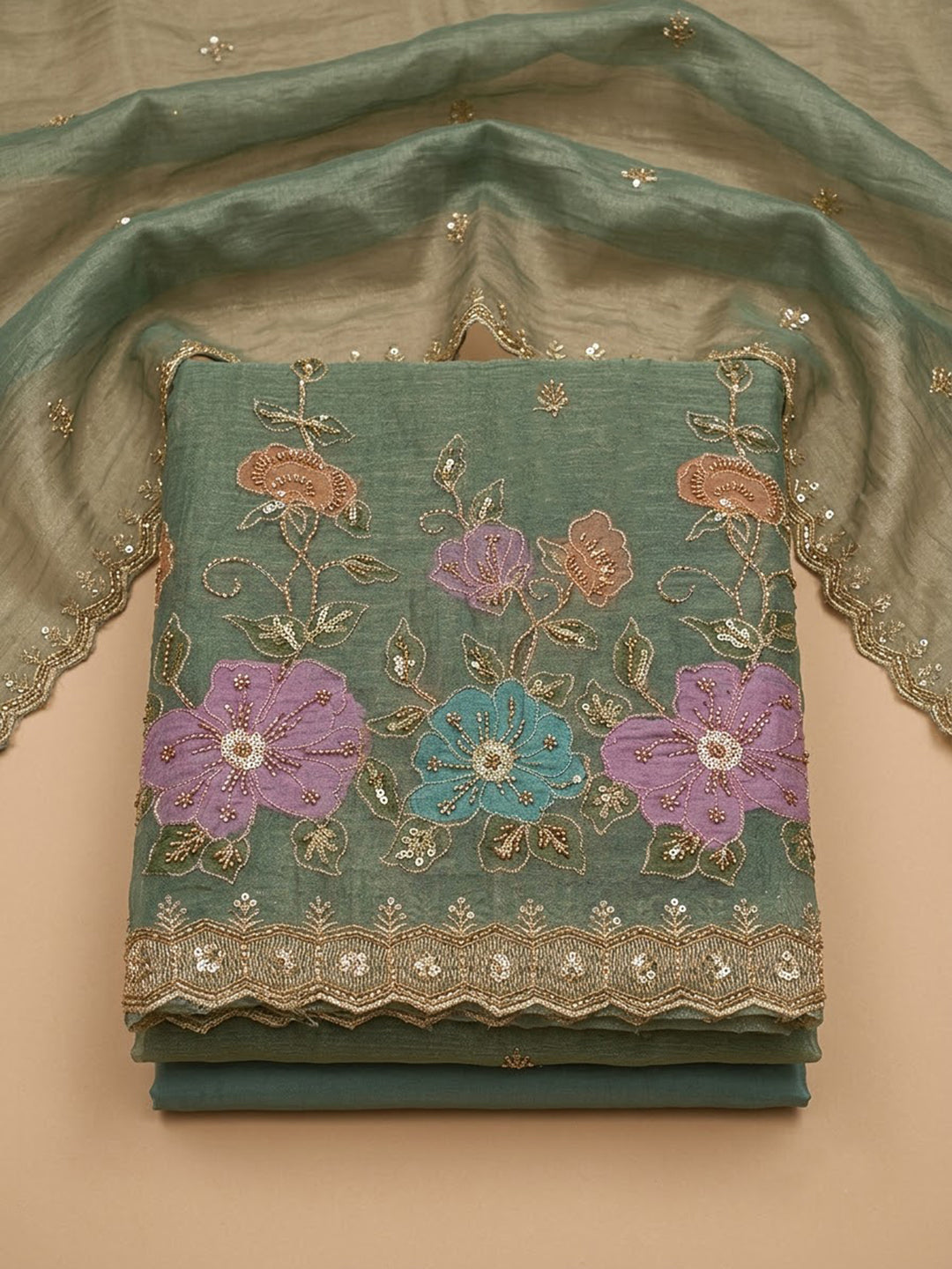 Sea Green Organza Embroidered Unstitched Dress Material