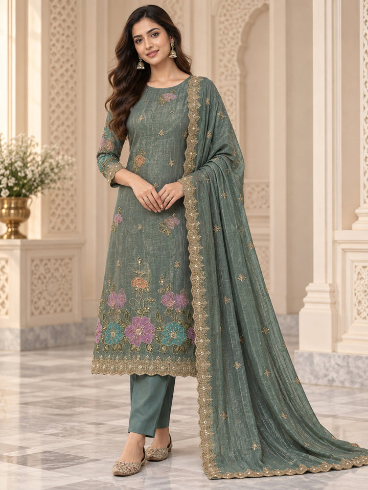 Sea Green Organza Embroidered Unstitched Dress Material