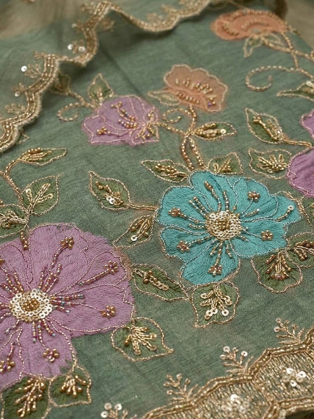 Sea Green Organza Embroidered Unstitched Dress Material