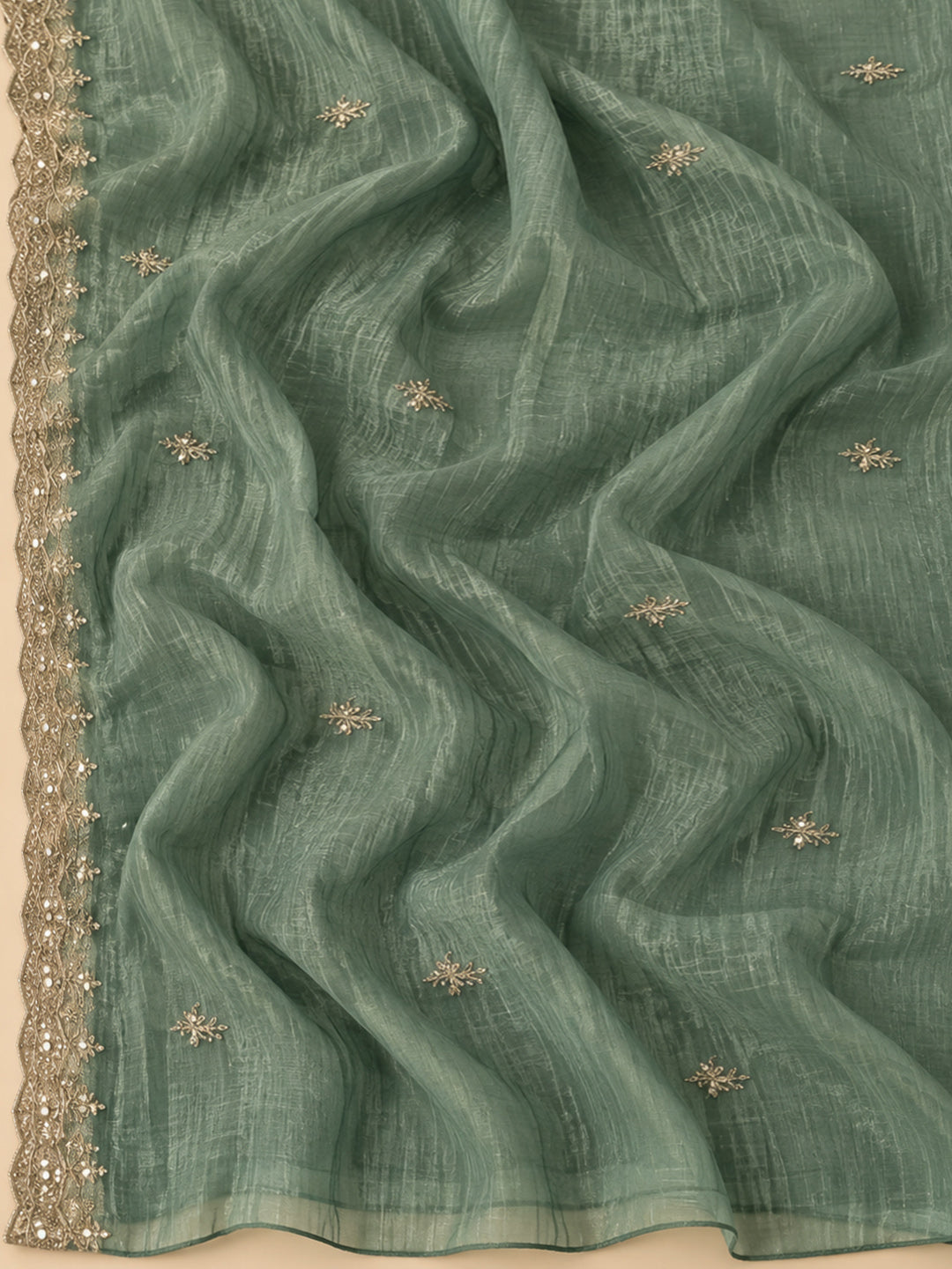 Sea Green Organza Embroidered Unstitched Dress Material