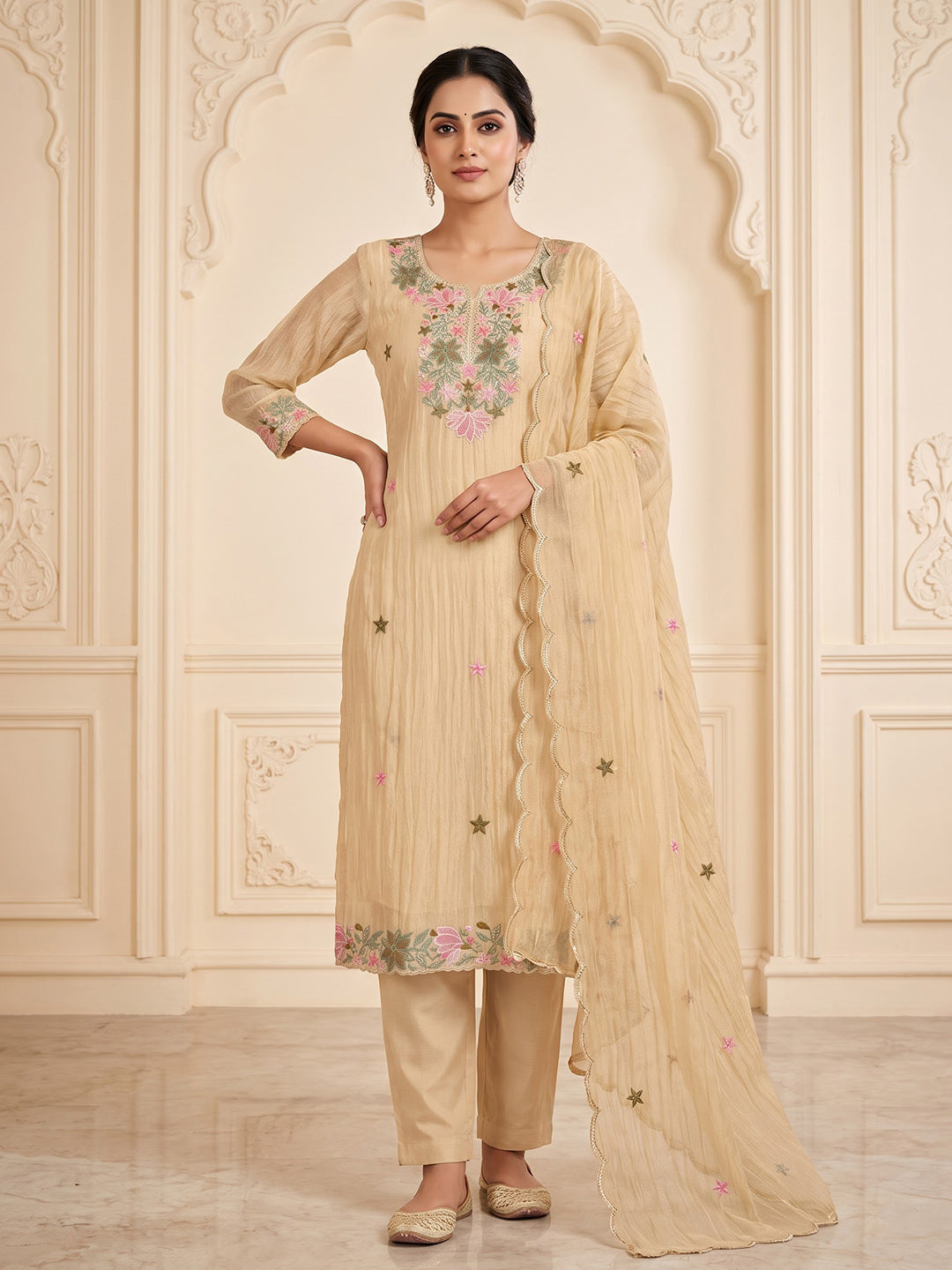 Beige Chanderi Embroidered Unstitched Dress Material