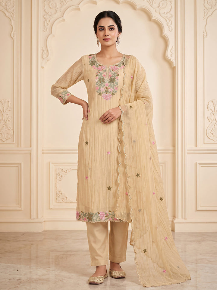 Beige Chanderi Embroidered Unstitched Dress Material